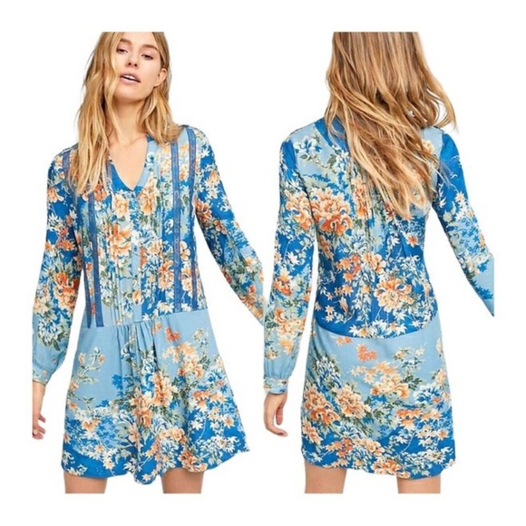 ANTHROPOLOGIE Tiny Gaina Dress XL Blue Floral Print Long Sleeve Pockets